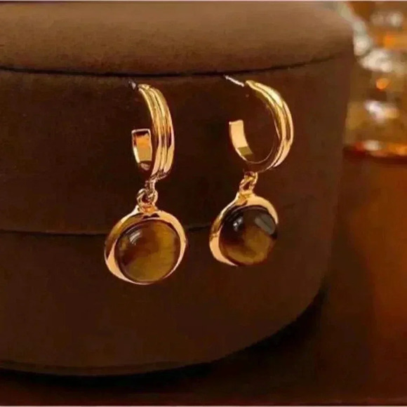 Tiger's Eye Hoop Earrings with 14k Gold Filled Closer - Picture 1 of 3